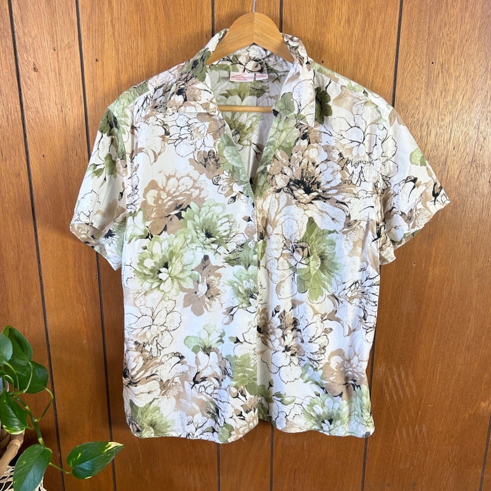 Vintage‎ Pappagallo Casuals Womens Large Floral Button Up Shirt Sage Green Tan